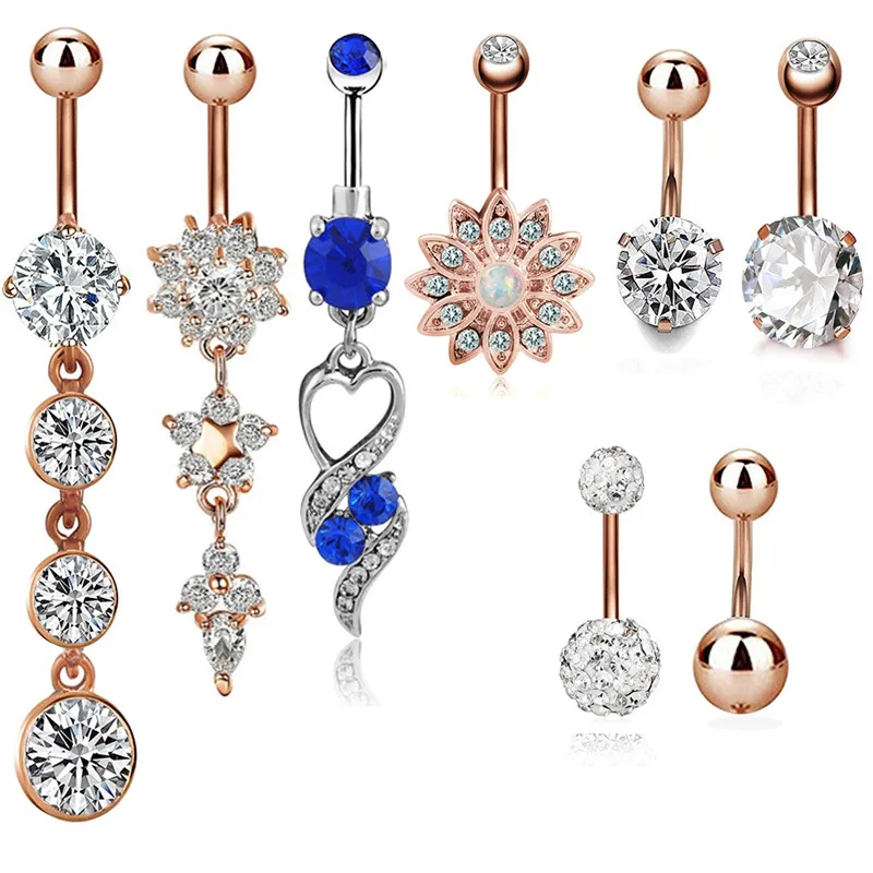 

8 Pcs Anti Allergy Simple Lounger Dangling Stainless Steel Navel Nail Belly Button Rings Body Piercings Long Short Pendant