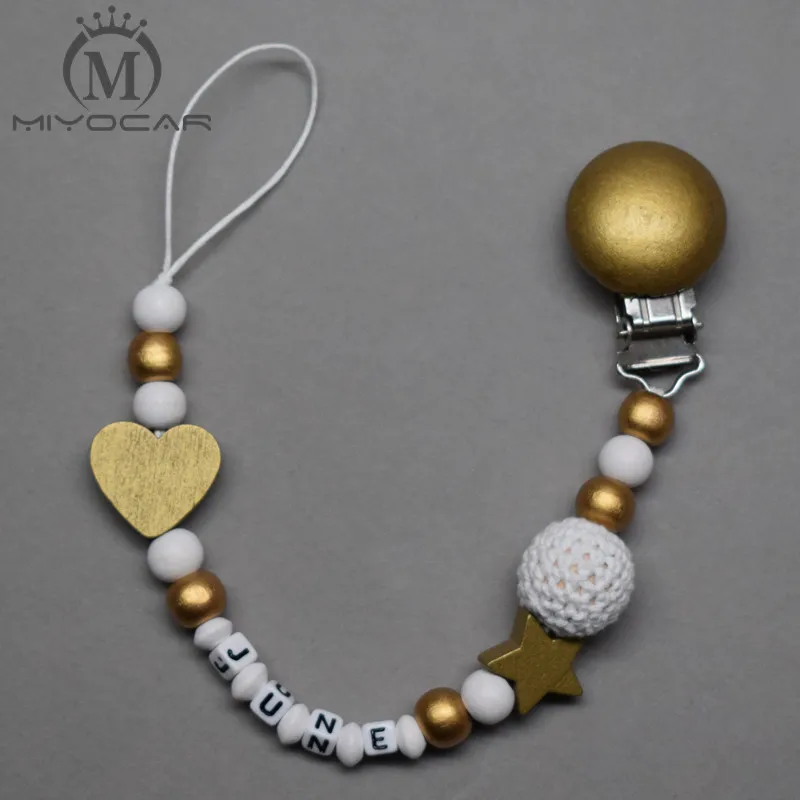 

MIYOCAR personalized any name gold and white wooden beads dummy clip holder pacifier clips holder/Teethers clip for baby