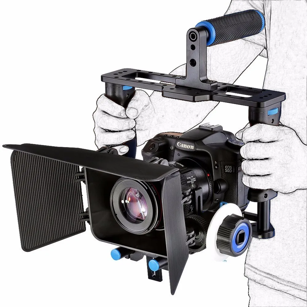 bilder für 3 in 1 DSLR Rig Kit Kamera Käfig + Matte Box + Follow Focus mit Top Griff Grip und 15mm Stange für Kanone Nikon Sony DSLR kameras bilder für 3 in 1 DSLR Rig Kit Kamera Käfig + Matte Box + Follow Focus mit Top Griff Grip und 15mm Stange für Kanone Nikon Sony DSLR kameras