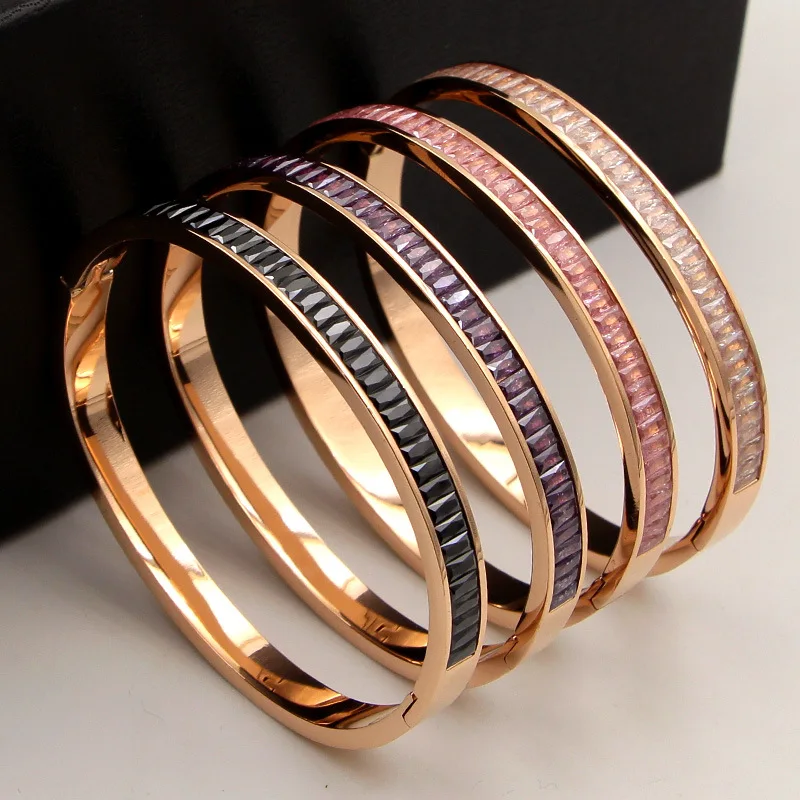 

Bilincolor rose gold stainless steel fashion half channel setting crystal bangle for women