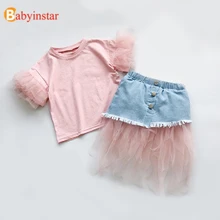 Babyinstar/Детские комплекты, футболка для девочек+ кружевное джинсовое платье принцессы 2 предмета, Изысканная одежда для девочек летняя одежда для маленьких девочек