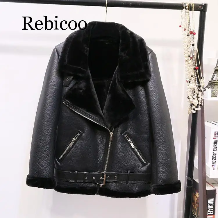 Retro New Lapel and Velvet Padded Fur One Coat Warm Fashion PU Leather Lamb Hair Motorcycle Clothing Bomber Jacket