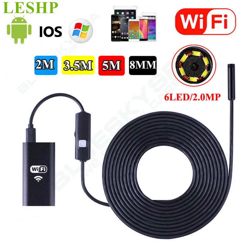 

LESHP 2m/3.5m/3.5m 8mm 6LED Light Waterproof WiFi Borescope Inspection Endoscope Snake Tube Camera HD 720p For Mobile Phones