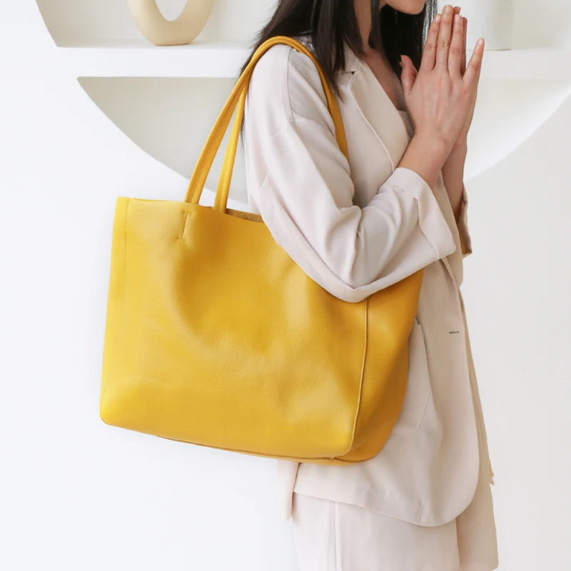 Women Luxury Bag Casual Tote Female Lemon Yellow Fashion Shoulder Handbag Lady Cowhide Genuine Leather Shoulder Shopping Bag