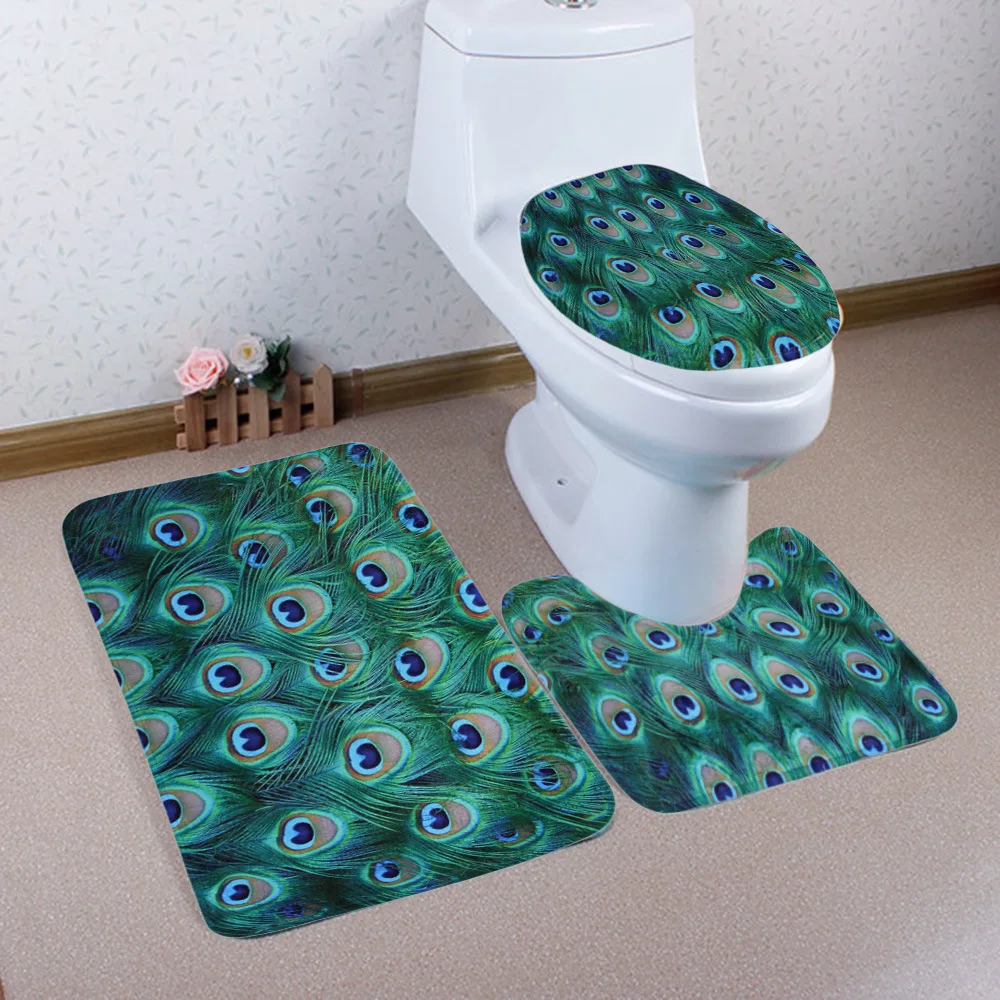 3pcs Bathroom Mat Set Peacock Feathers Pattern Bath Mat Non Slip