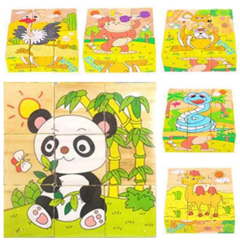 

9PCs 3D Wooden Farm Animal Cartoon Toys 6-Sided Eudcation Puzzle for Kids Learning Jigsaw 10 Style
