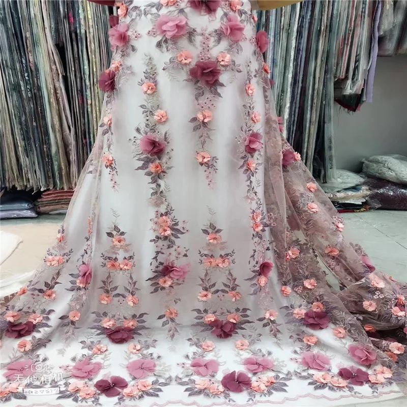 

HFX African Net Lace Fabric 2019 3D feather Embroidery Lace High Quality African French Tulle Lace Fabric For Party Dress F2058