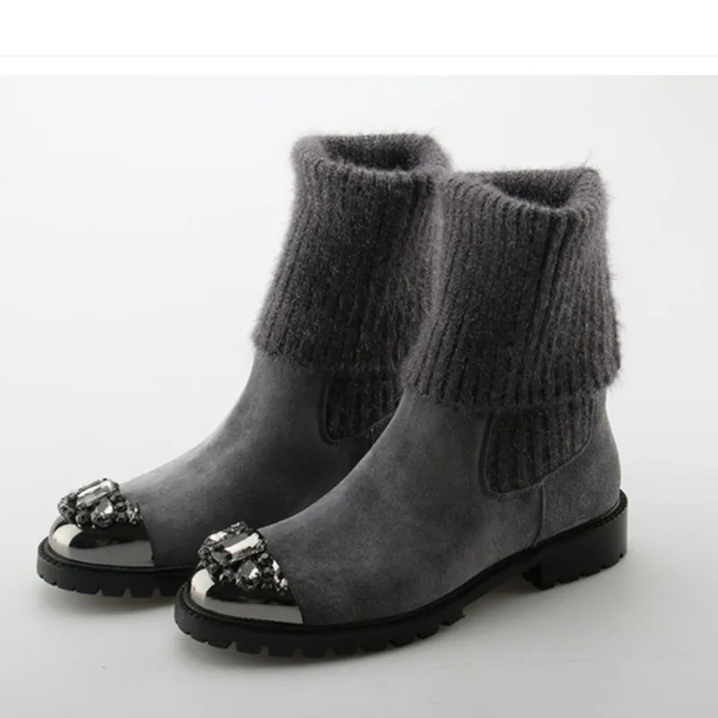 

Crystal Embellished Metal Toe Women Sock Boots Short Booties Low Heel Mid-calf Boots Luxury Brand Star Runway Winter Warm Shoes