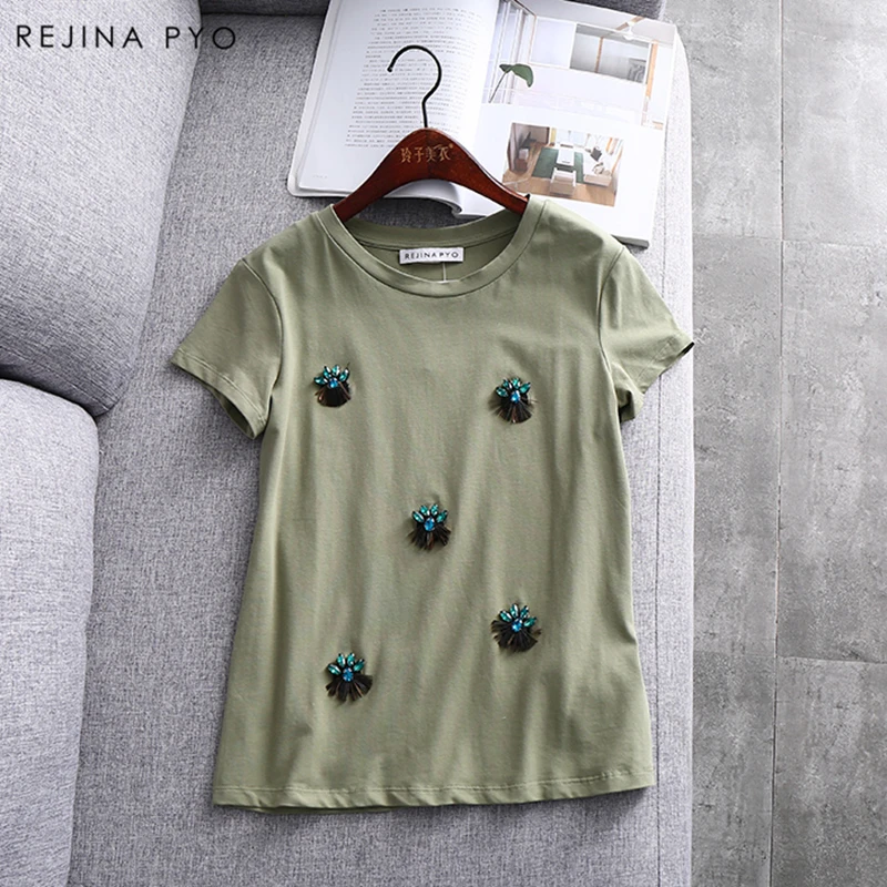 

REJINAPYO Women Solid Casual T-shirt O-neck Handmade Diamonds Beading Decroation Female Basic Fashion Tees Summer New Arrival