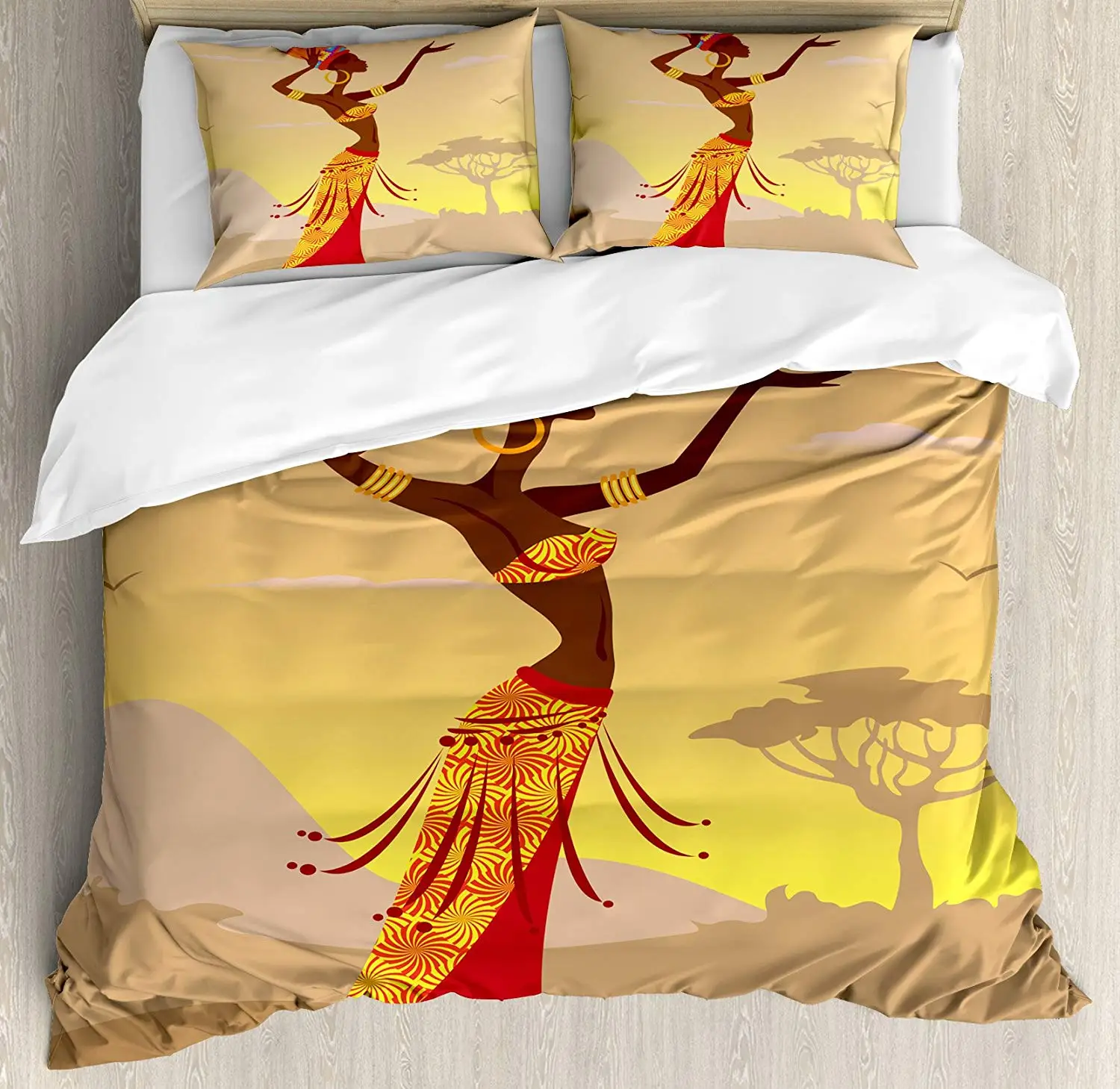 

Afro Decor Duvet Cover Set African Woman Desert Gulls Flying Around Folk Female Stylish Artful Print Bedding Set Queen/Full Size