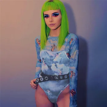 

New Women Sexy Sleeveless Strap Angle Print Bodysuit Jumpsuit Stretch Mesh See Through Leotard Tops Jumpsuit Clubwear One-pieces