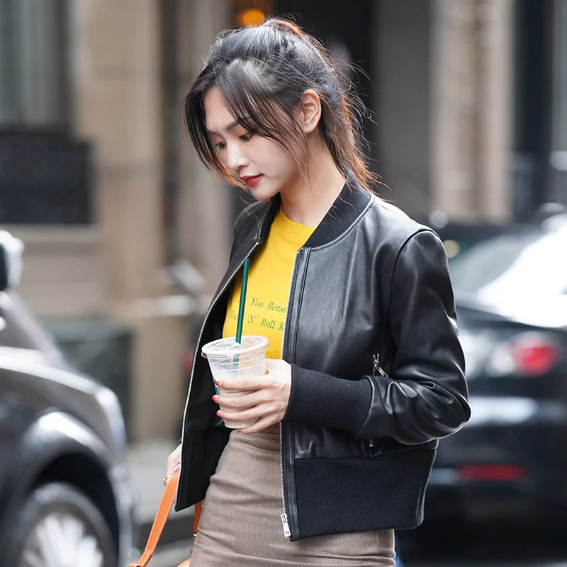 

Genuine Leather Jacket Women Real Sheepskin Leather Coat Short Women's Baesball Leather Jackets Chaqueta Mujer PY-01 YY427