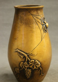 

fast shipping USPS to USA S1259 8" Chinese Bronze Palace Wealth Grape Animals Spider Statue Sculpture Vase Pot
