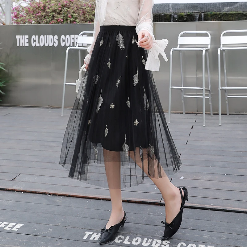 Весенне-летние модные юбки с эластичной резинкой на талии, корейские макси юбки с принтом, юбка-пачка с высокой талией для взрослых, длинная Тюлевая юбка