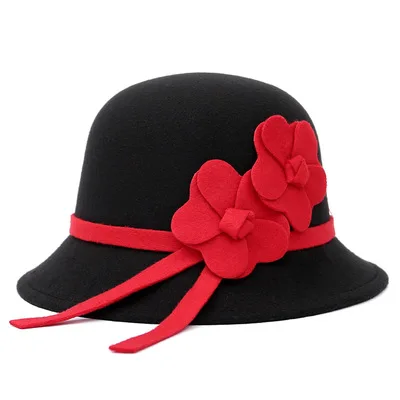 Новинка, корейские женские шерстяные фетровые шапки, Осень-зима, цветочные фетровые шляпы с Круглым Верхом, одноцветные черные красные женские церковные шапки - Цвет: Black