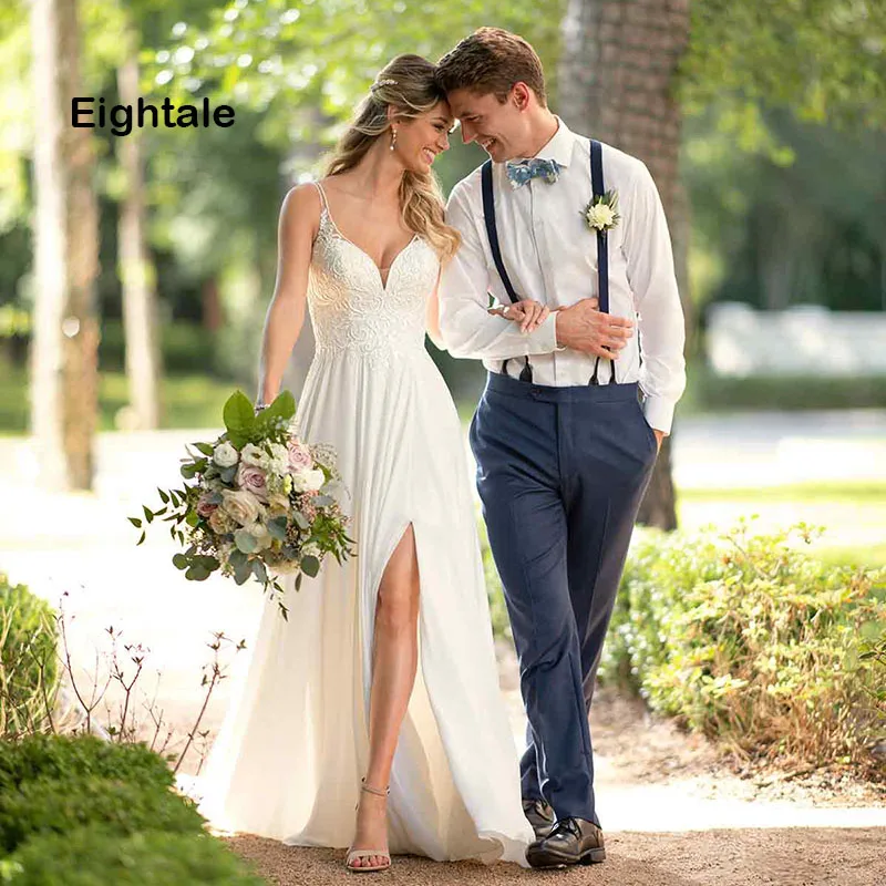 

Eightale Beach Wedding Dress 2019 Spaghetti Strap A Line Side Split Tulle Appliques Backless Lace Wedding Gowns Bridal Dress