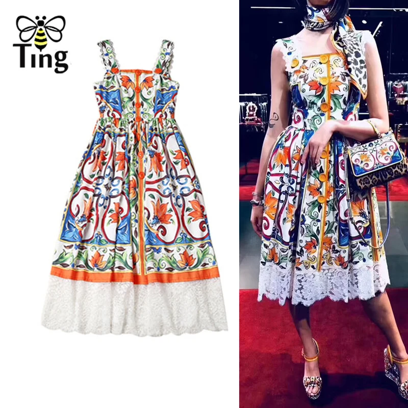 

Tingfly Designer Runway Dress High Quality New Summer Women Strap Floral Printed Button and Lace Patchwork Dress Party Dresses