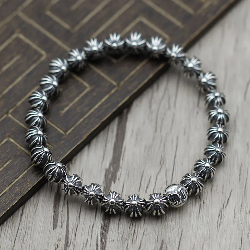

Thai Silver Personality Men Women Style Cross Letter Beads HString S925 Sterling Silver Jewelry Punk Wind Bracelet