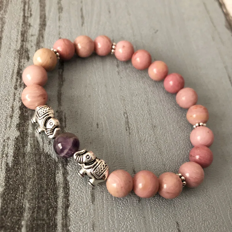 

Womens Elephant Charm Beaded bracelet Christmas gift for Her Healing stones A-methyst & Rhodonite Pink Stone bracelet