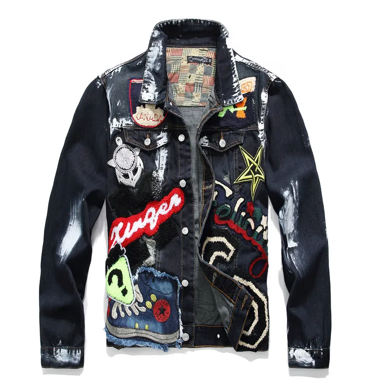 

Men'S Spring Autumn Badge Letter Printing Punk Jeans Coats M/3Xl Trendy Beauty Patchwork Long Sleeve Male Denim Jacket D245