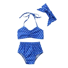 Летний комплект бикини синего цвета в горошек для мамы и дочки; Семейный комплект из двух предметов; купальный костюм; летняя одежда для купания