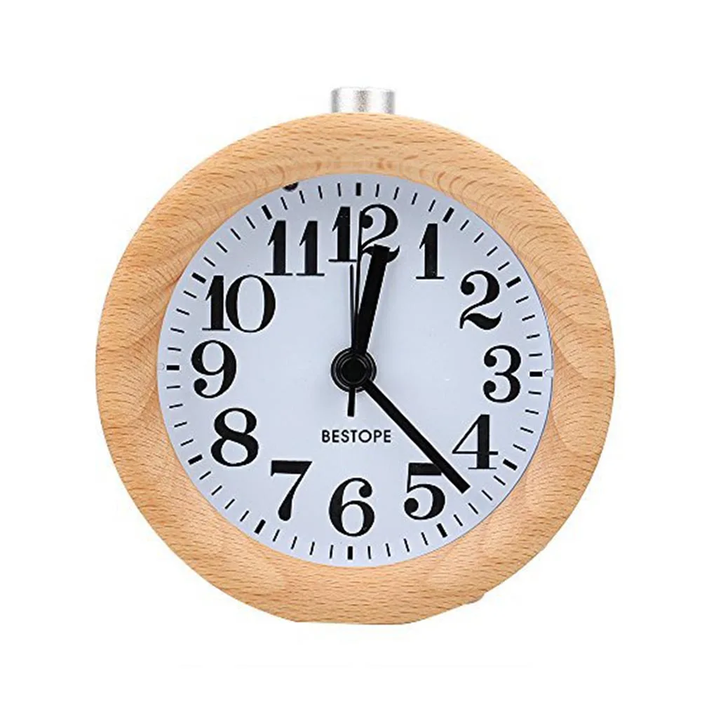 Lovely Hot Small Alarm Clock with Night Light Wood Classic Round Silence Table Clocks Snooze Function LXY9 AU07