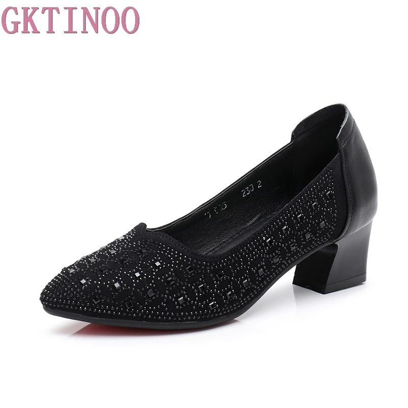 GKTINOO Fashion Genuine Leather Shoes Woman Pointed Toe Women Pumps Shallow Slip-on Square Heel Zapatos Mujer Shoes Med heels smirnova 2018 summer new shoes woman pointed toe fashion rivet sandals women genuine leather med heels shoes square heel
