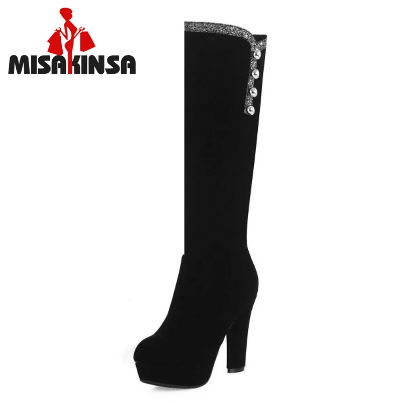 

FITWEE New Women High Heels Boots String Beads Platform Shoes Woman Fur Winter Warm Knee Boots Ladies Footwear Size 33-41