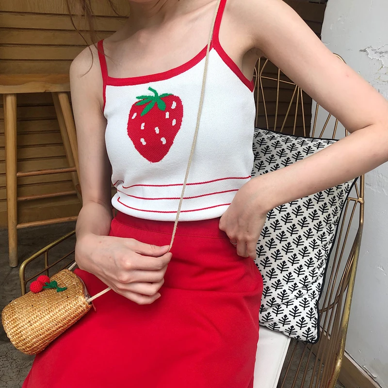 Kawaii Клубника Лимон вышивка школьницы трикотажные топы летние корейские негабаритные женская одежда Harajuku с открытыми плечами сексуальные топы - Цвет: Красный