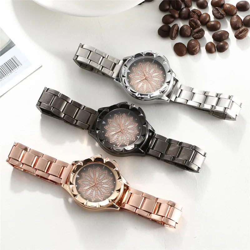 

Women Watches Fashion Rose Gold Stainless Steel Belt Quartz Watch Simple Flower Design Dial Ladies Wristwatch Relogio Feminino/C