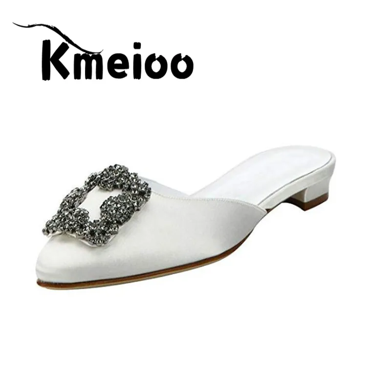 Kmeioo/женские туфли без каблуков, размеры США 5-15, женские атласные туфли на плоской подошве со стразами, украшенные камнями, с острым носком - Цвет: White-satin