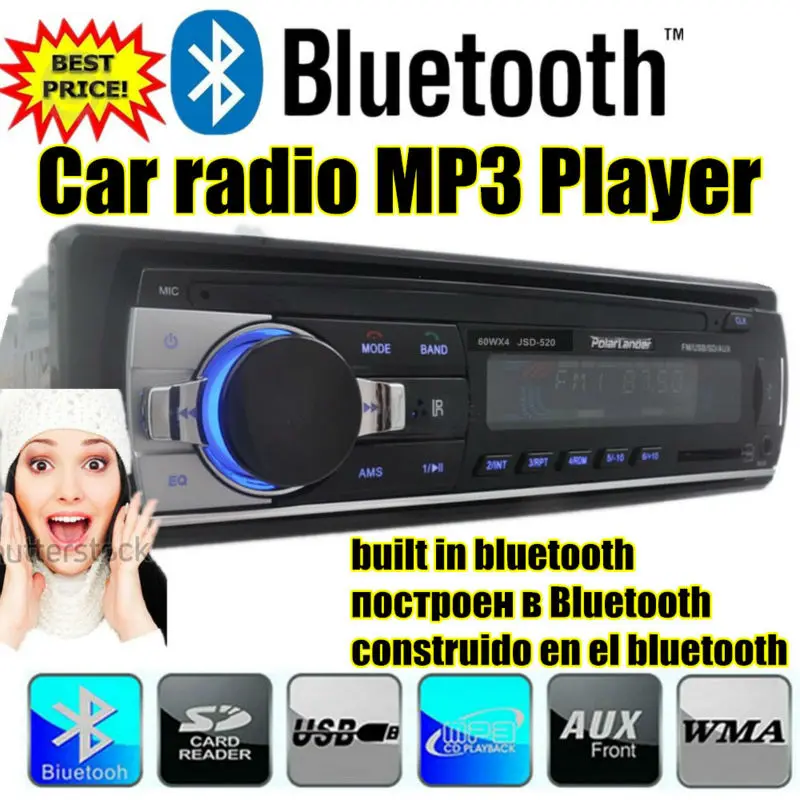 Bluetooth Handfree Автомобильный Радио MP3 аудио плеер FM/USB/SD/Aux In 1Din In Dash 12 в стерео пульт дистанционного управления Автоэлектроника сабвуфер