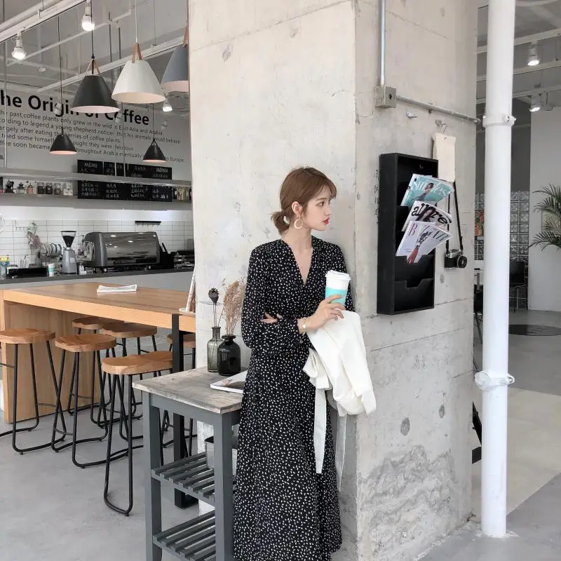 retro dress hot women slim waist A Line Elegant Temperament Lady Korean style vintage dot v neck vintage shirt dress high waist