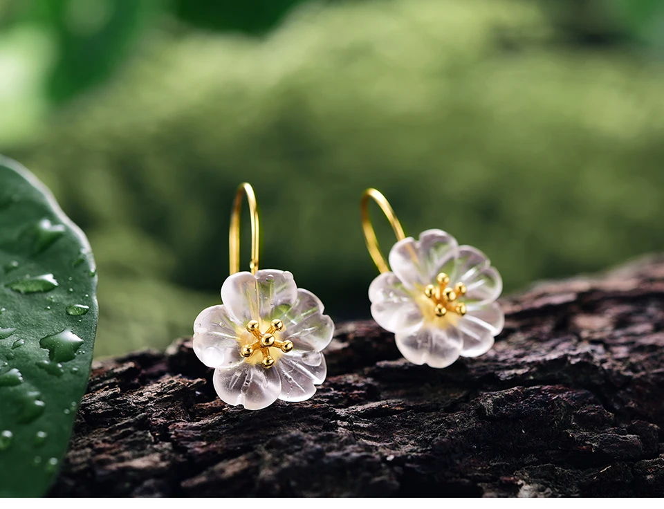 Lotus Fun 925 стерлингового серебра Висячие серьги для женщин цветок натуральный кристалл крюк ручной работы пирсинг этнические ювелирные изделия