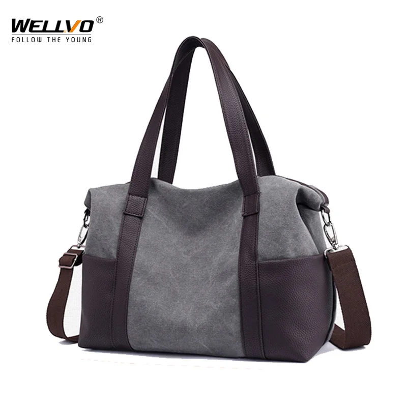 

Wellvo Vintage Canvas Handbag Woman Solid Shoulder Bag Brand Large Tote Bags Messenger Crossbody Patchwork Bags XA44ZC