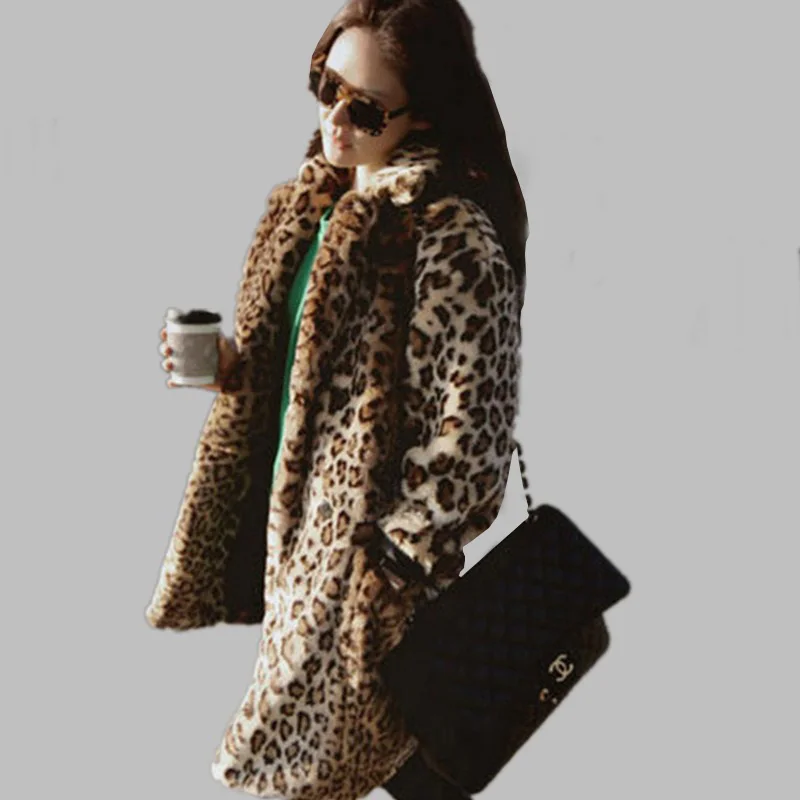 Леопардовая шуба, длинный рукав, двойной карман, длинное пальто, женские флагманские модели, искусственный мех, пальто, зимняя верхняя одежда, теплая, плюс размер, V802
