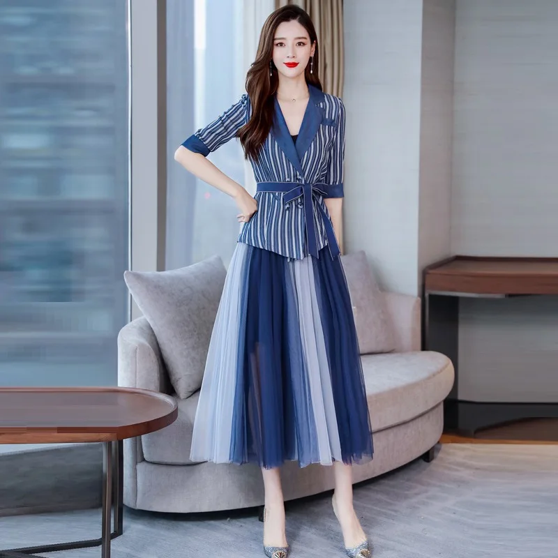 

2 Piece Set Women Blazer And Long Gauze Skirts Suits 2019 New Fashion Elegant Runway Office Lady Striped Skirt Two Piece Sets