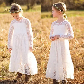 

White Soft Full Lace Princess Dress Sheer Neck Long Sleeves Customized Flower Girl Dress For Wedding Holy First Communion Gowns