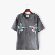 The new spring and summer 2016 cloth velvet short sleeved T-shirt casual bird Sequin jacket female QZ3-50