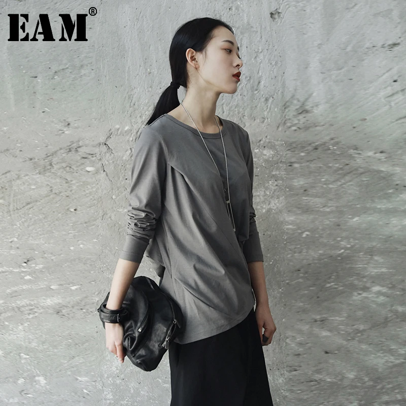 

[EAM] 2019New Autumn Winter Round Neck Long Sleeve Black Fod Split Joint Loose Elastic T-shirt Women Fashion Tide JE82701S