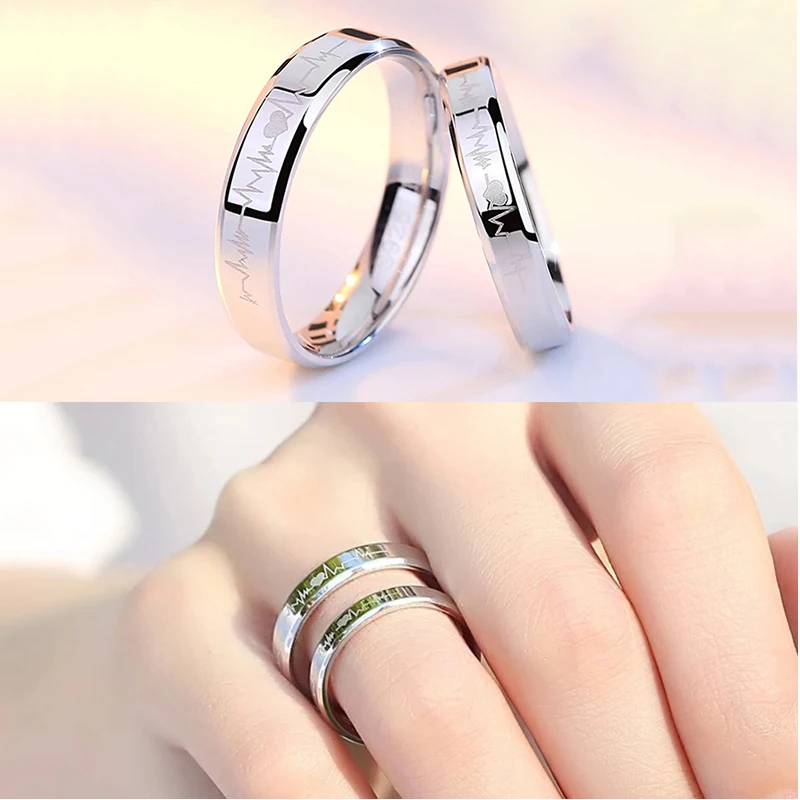 

Classic ECG Heart Beat Couple Rings Wedding Adjustable Ring Girl Engrave Love Engagement Jewelry Party Bagues Femme Romantic