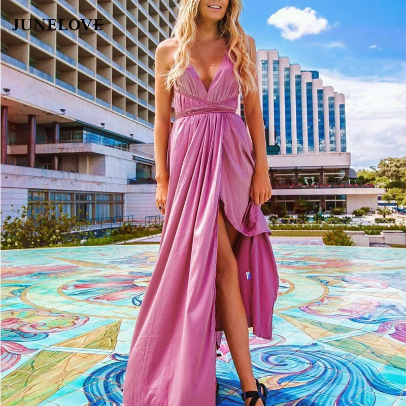 

JuneLove Sexy Split Dress Women Summer Vintage Backless Long Dress Elegant Holiday Beach Lady Party Dress Vestidos Plus Size