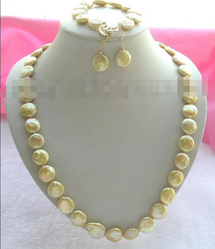 

charm Jew.657 24" Golden Coin Pearl Necklace Bracelet Earrings set! 14K (A0423)