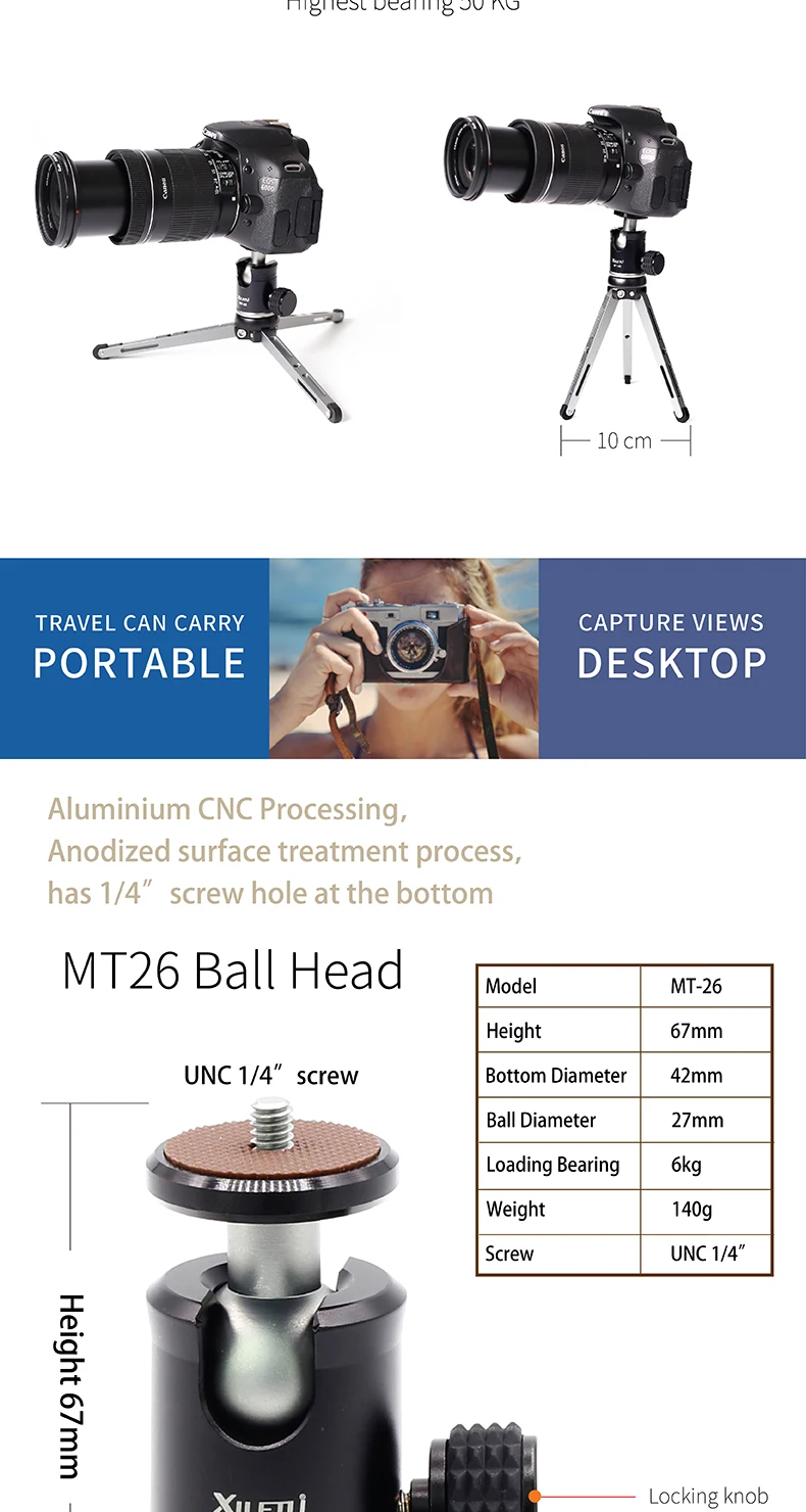 MT26+ XT15 Настольный кронштейн с высоким подшипником мини настольный штатив и шаровая Головка для DSLR камеры беззеркальная камера смартфон Gopro