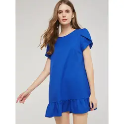 Для женщин Мини платья Элегантный насыщенного синего цвета Алина плотная Falbala плиссированные пуговицы Женская мода офисные женские туфли