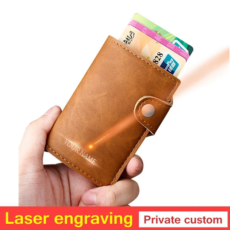 

Laser engraving Genuine Leather Men Aluminum Wallet Pocket ID Card holder RFID Blocking Mini Wallet Automatic Credit Card purse