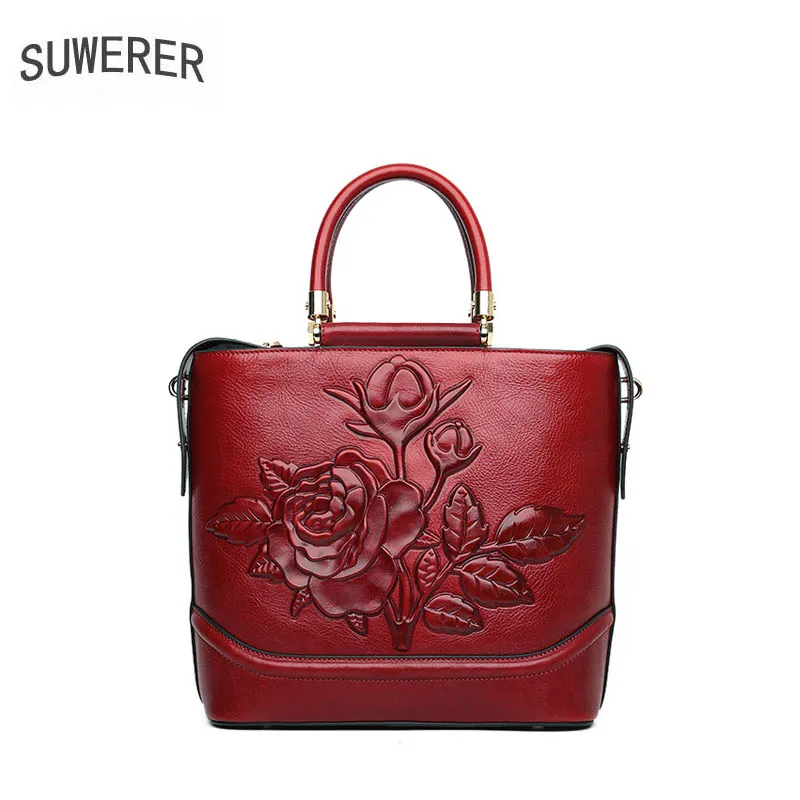

SUWERER 2019 New Women Genuine Leather bags top luxury handbags women bags designer Embossing leather Art tote women bags