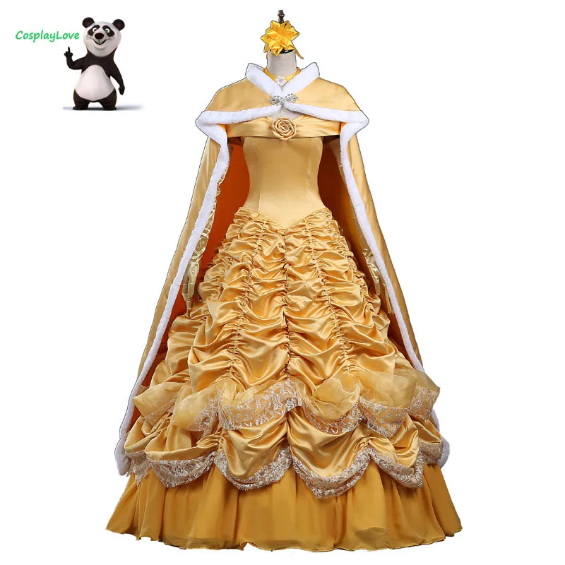 

Beauty and The Beast Cosplay Custom-made Yellow Adult Kid Princess Belle Dress Cosplay Costume With Cloak
