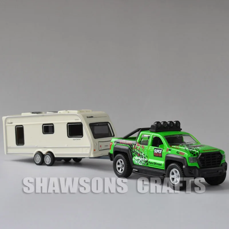 Diecast 136 Car Model Toys Pull Back Ford F150 Pickup Truck Trailer Camper Van w/ Sound & Light