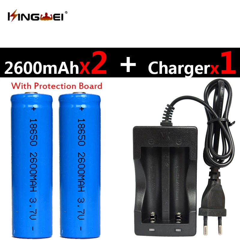 KingWei 2 шт Защищенный 18650 литий-ионный перезаряжаемый 2600 mah аккумулятор+ один NK-809 Универсальный Двойной аккумулятор зарядное устройство для фонарика